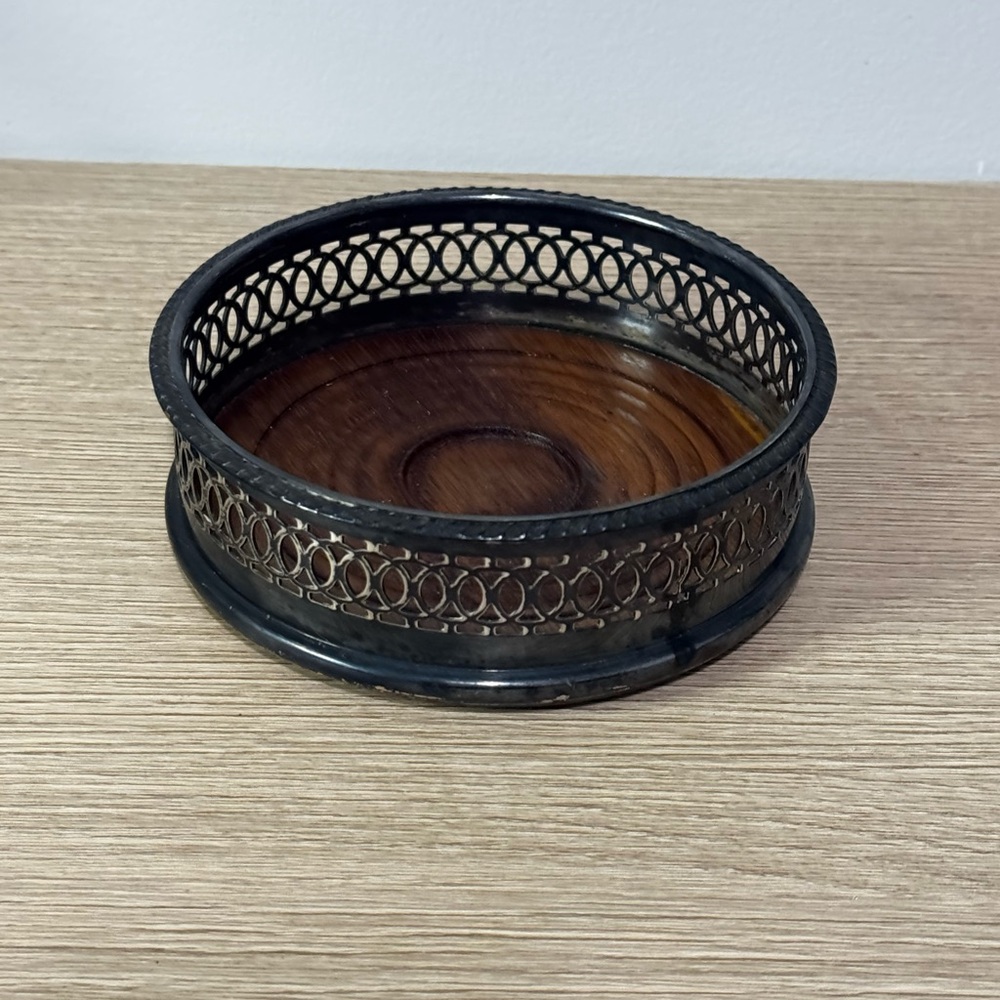 Round Decorative Wood & Metal Bottle Coaster Holder - Brown and Black
